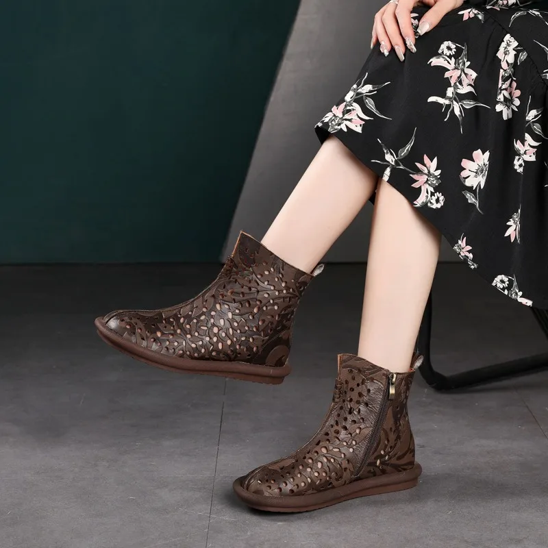 Birkuir Original Retro Chinese Style Hollow Out Ankle Boots For Women Genuine Leather Flats Shoes Luxury Shoes Zipper Boots