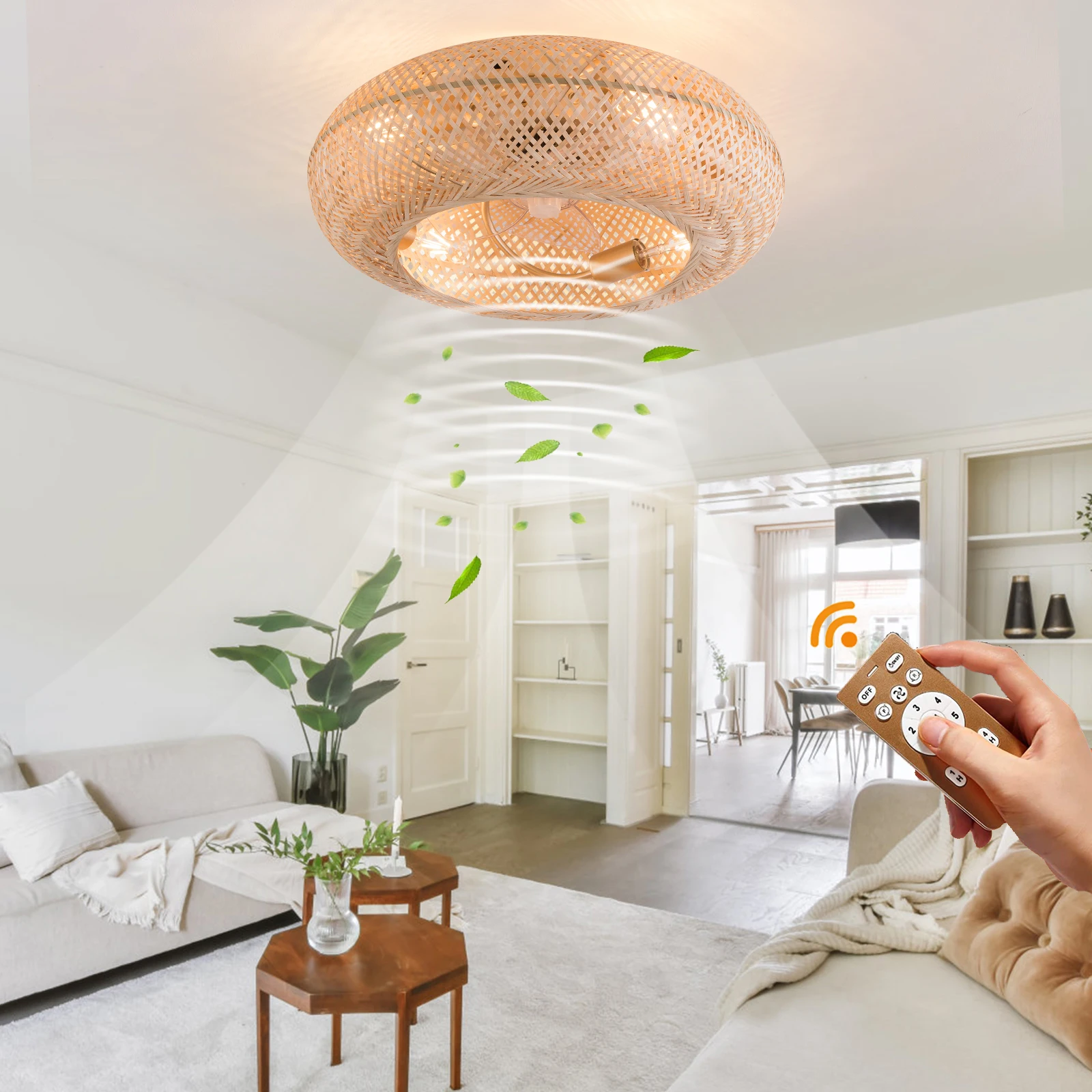 Modern Led Ceiling Fans With Light Bamboo Rattan Hand-Woven Retro Ceiling Lamp With Fans Remote Control 110V