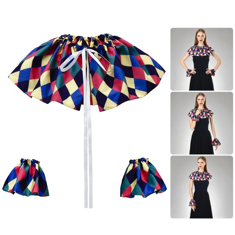 Jester Costume Essential Colorful Checkered Clown Faux Collar and Wrist Cuffs Accessories For Themed Parties Cosplay Fun
