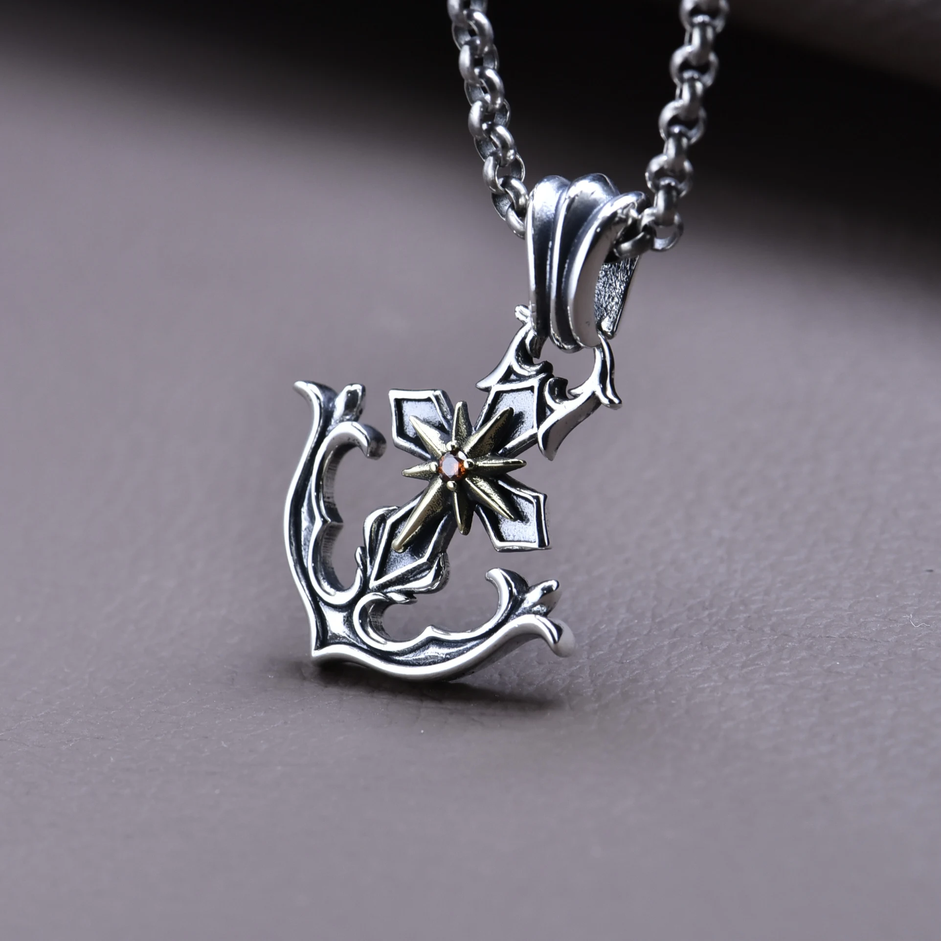 S925 sterling silver menjapanese style starry zircon cross anchor stylishcouple punk style pendant necklace