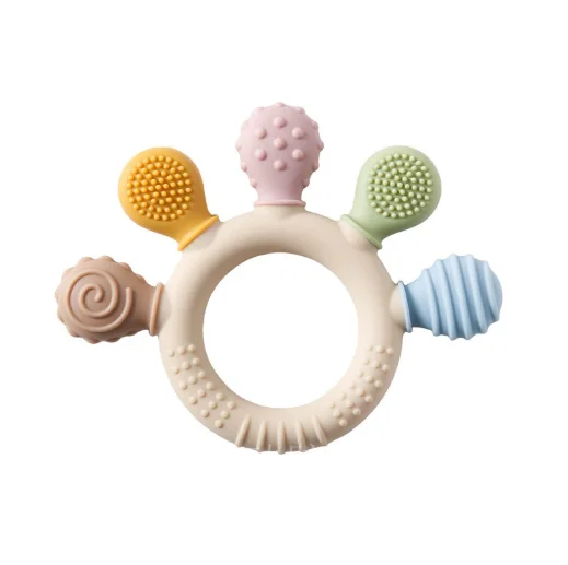

Новое ручное многоцветное силиконовое детское кольцо-прорезыватель для зубов, игрушки для прорезывания зубов 0-12 месяцев, жевательные бусины, сенсорная рельефная пустышка для детей