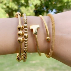 ZALMAN Trendy Brand Ball Letter Design Gold Color Thin Cable Wire Bangles Cuff Bracelets for Women Simple Bangle Set Jewelry