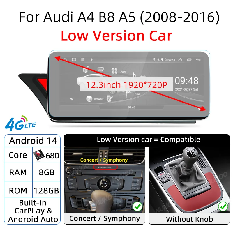Android 14 Qualcomm CarPlay Draadloos Auto voor Audi A4 B8 A5 8K 2008~2016 MMI Auto Multimedia Speler GPS WiFi DSP
