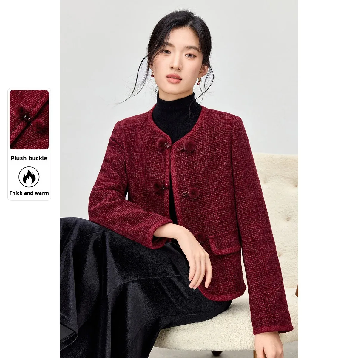 

SENTUBILA Elegant Red Coat for Women Round Neck Plush Disc Buckle Long Sleeve Jacket 2026 Autumn Fashion Outerwear 154WA3701