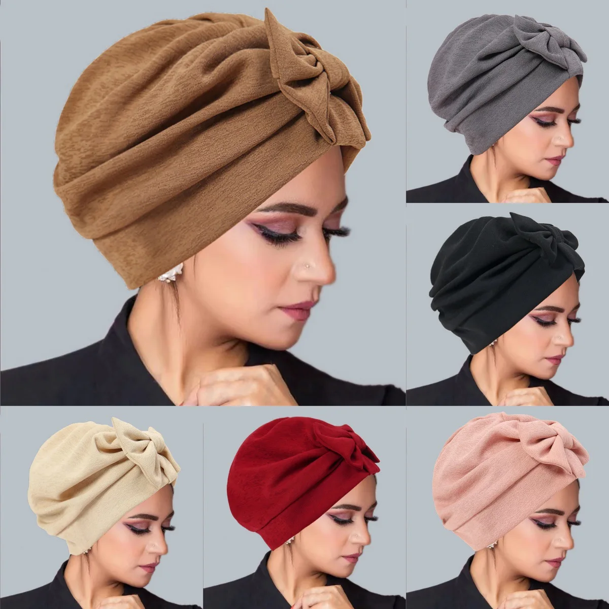 

New Women Muslim Solid Color Inner Hijab Hat Bow Beanies Bonnet Cancer Chemo Cap Hair Loss Headscarf Head Wrap Turbante Mujer