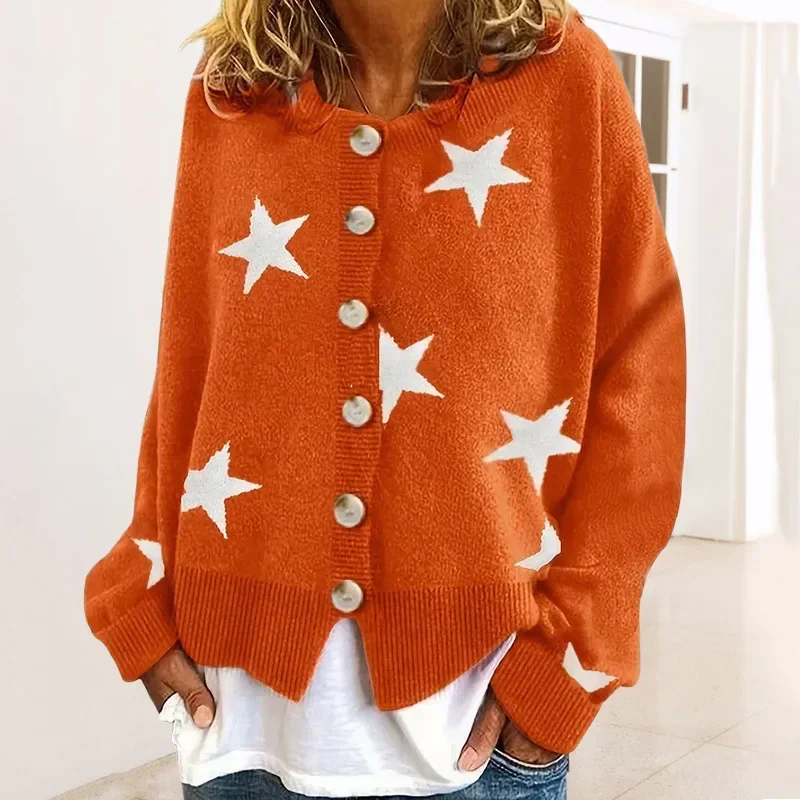 

Five Pointed Star Cardigan Women Long Sleeved V-neck Single Breasted Sweater Jacket Autumn and Winter Women's Sweater