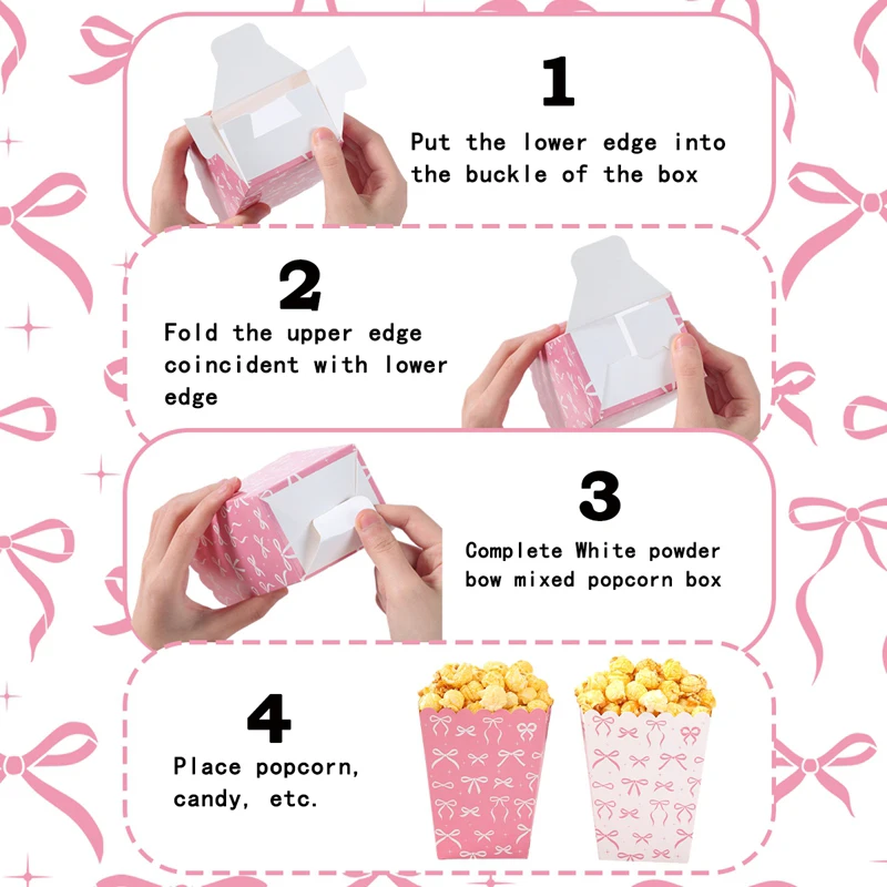 กล่องป๊อปคอร์นกระดาษลายโบว์ 10 ชิ้น กล่องของชำร่วยงานเลี้ยงฉลองทารก ของชำร่วยงานแต่งงาน อุปกรณ์ตกแต่งโต๊ะ