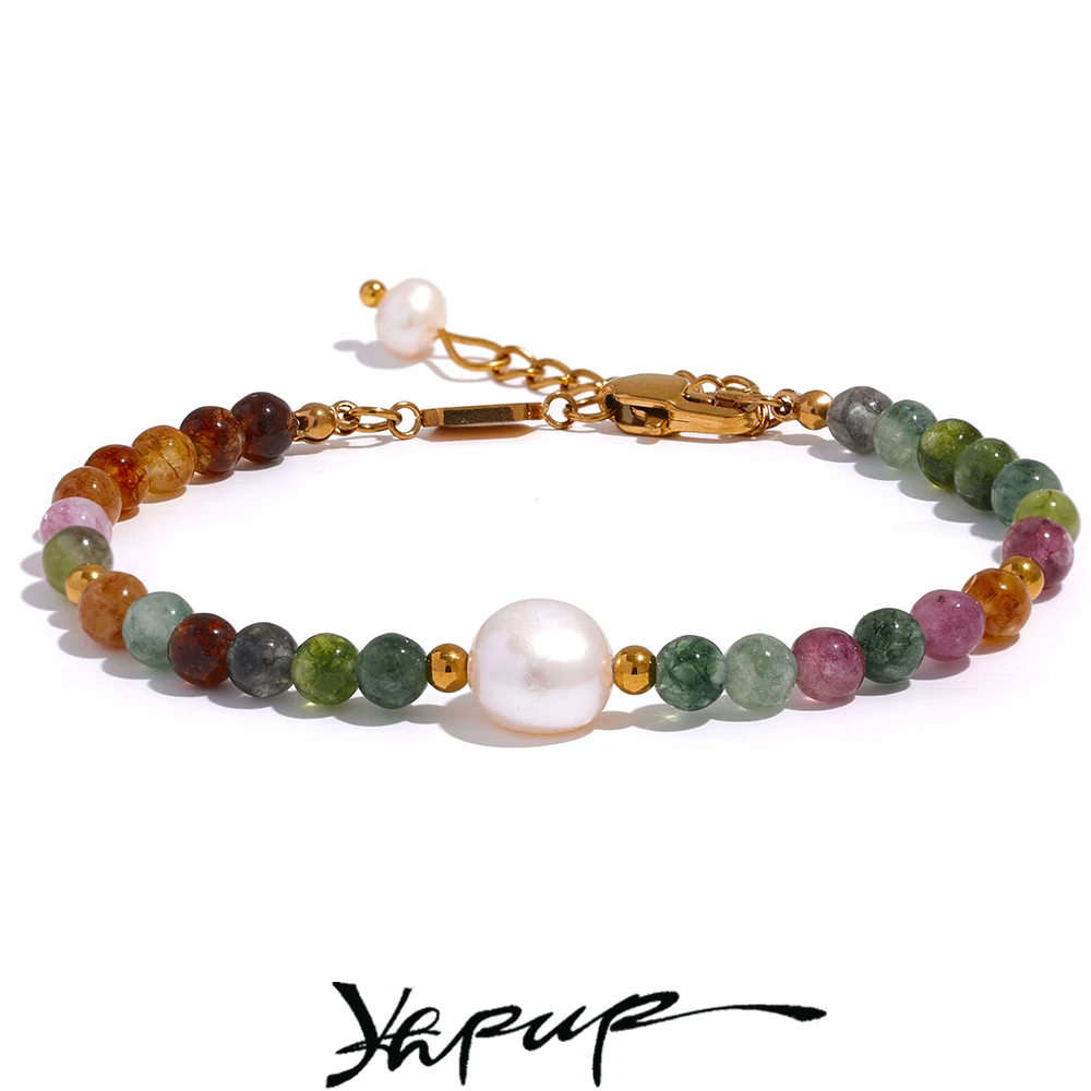 Yhpup Natural Tourmaline Stone Pearl Fashion Colorful Bead Bracelet Bangle for Women Mother Gift Healing Charm Jewelry Wholesale