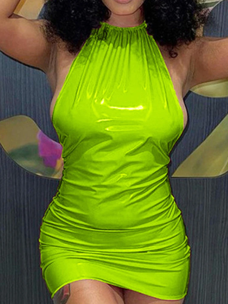Sexy Shiny Candy Color Imitation PU Leather Slim Bodycon Dress Women Sleeveless Wrap Chest Skinny Dress Club Party Vestidos