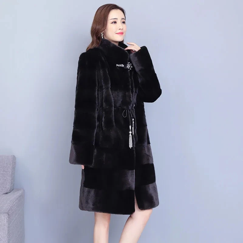 Haining Winter New Temperament Coat Women's Whole Piece Mid-length Loose Stand-up Collar Mink Coat