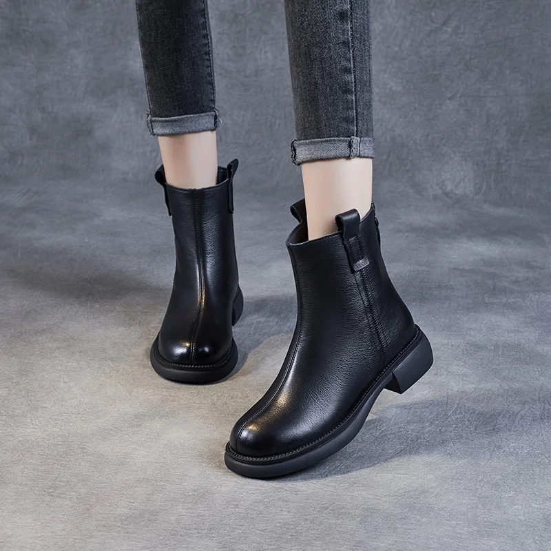 DRKANOL 2024 Handmade Women Winter Warm Boots 100% Genuine Cow Leather Back Zipper Flat Heel Mid Calf Trend Chelsea Boots Female