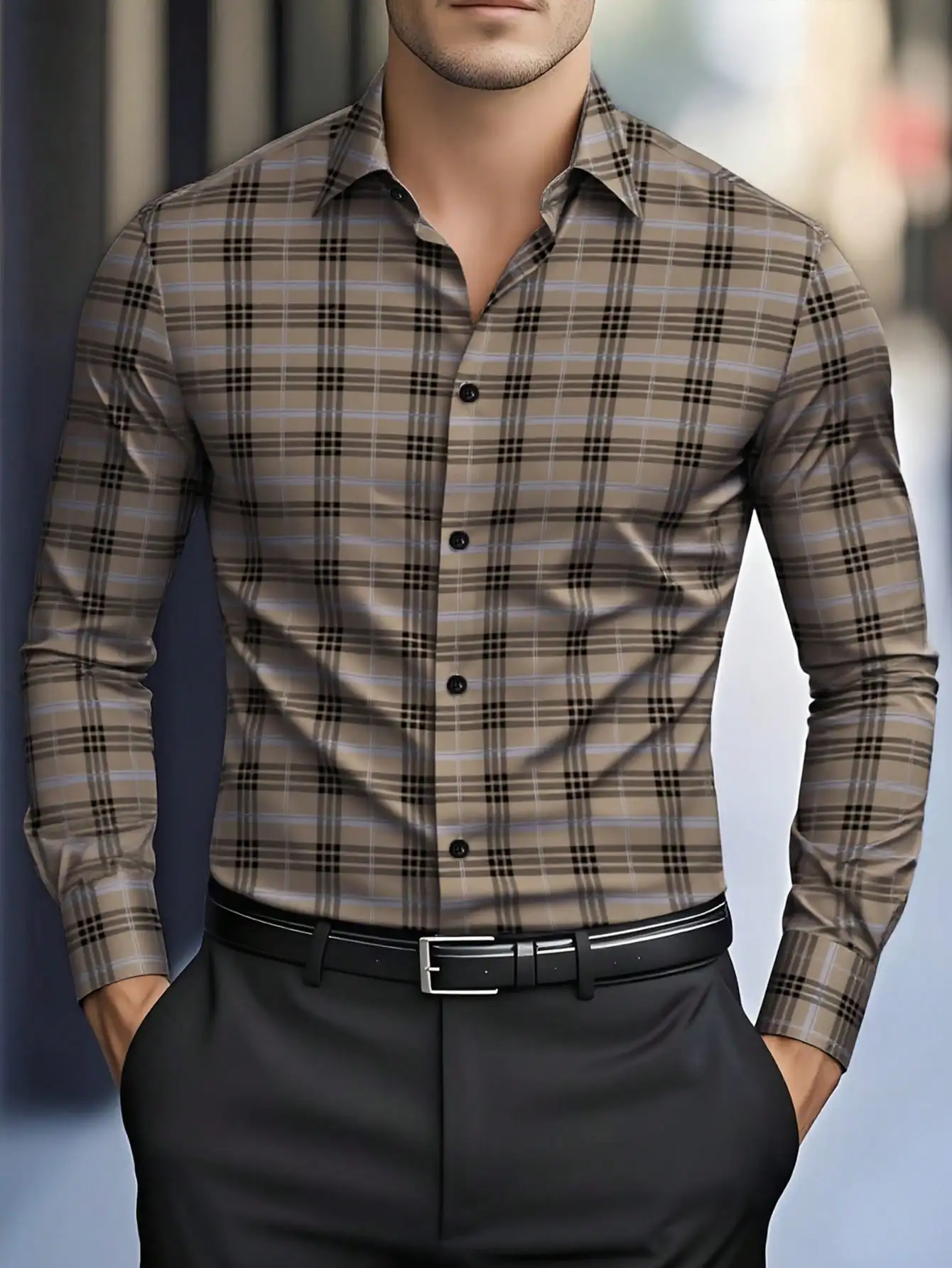 

Men's Casual Long Sleeve Plaid Shirt in Beige Black Gray, Fall Season