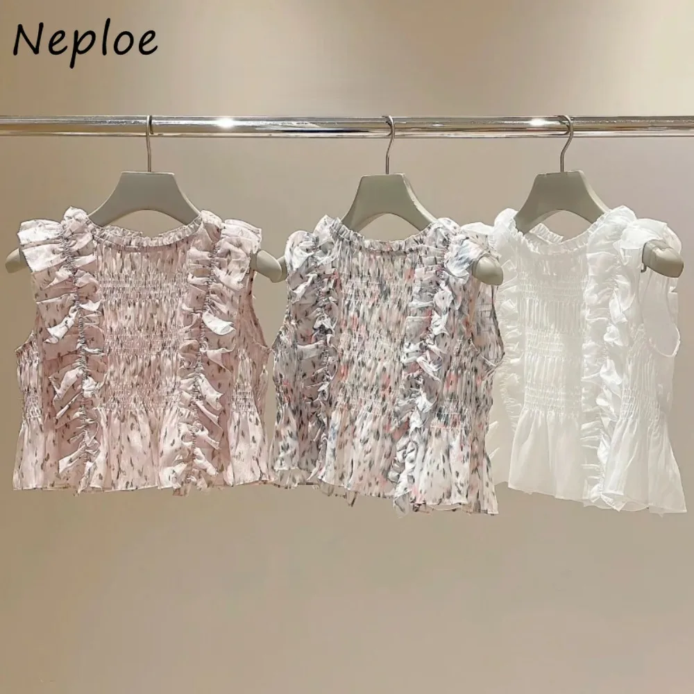 Neploe Sweet O Neck Sleeveless All-match Print Shirt Fungus A-line Pullover Bow Casual Blouses Japan New Fashion Mesh Blusas