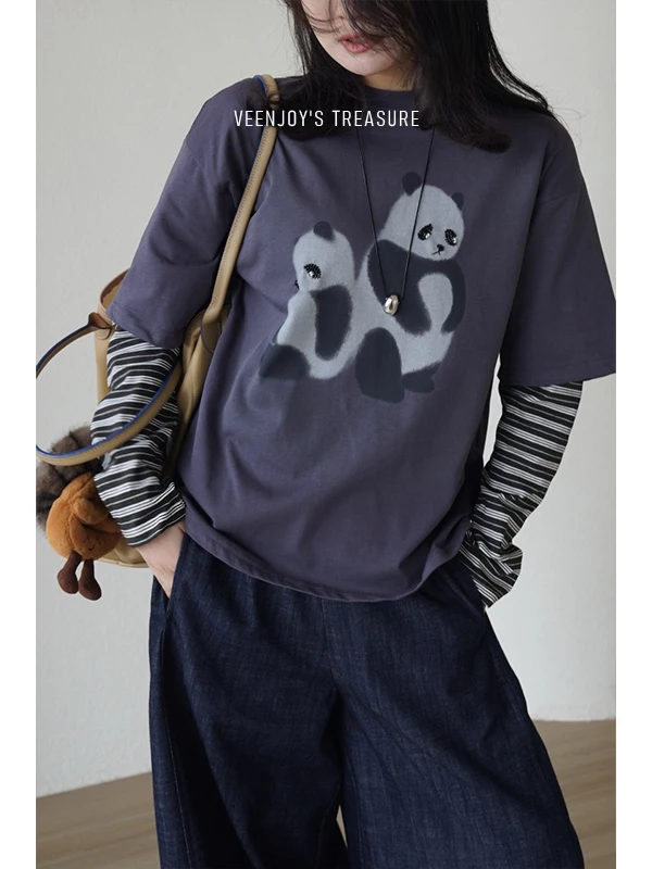 

Футболка с длинными рукавами Veenjoy Emo Bear Sad Panda Print, женская повседневная футболка из смесового хлопка, удобная посадка, топ с круглым вырезом
