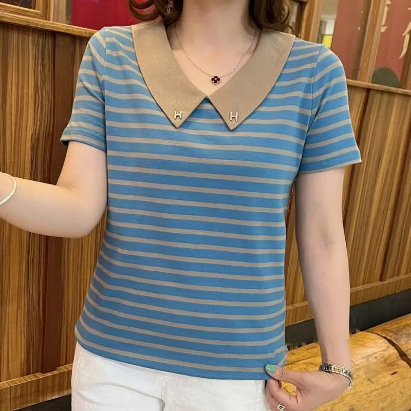 Summer New Middle Aged Women's Doll Neck Printed Stripe Short Sleeved T-shirt Korean Fashion Casual Simple Versatile Loose Top