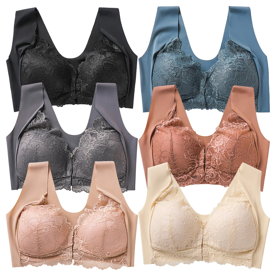 Women Plus Size Lace Front Closure Bra Wireless No Show Underwear Gathered Comfortable Fit and Elegant Look Women Bras