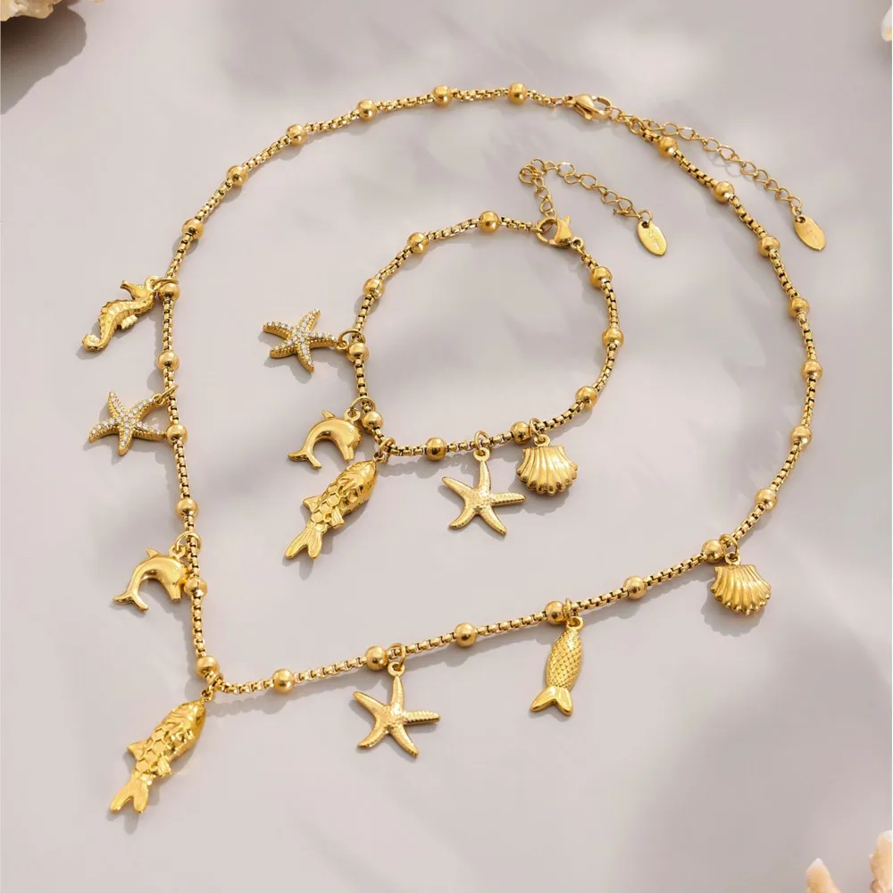 الفولاذ المقاوم للصدأ قلادة سوار للنساء 18 كيلو مطلية بالذهب مع الأسماك نجم البحر شل سحر القلائد النسائية مطابقة الأساور