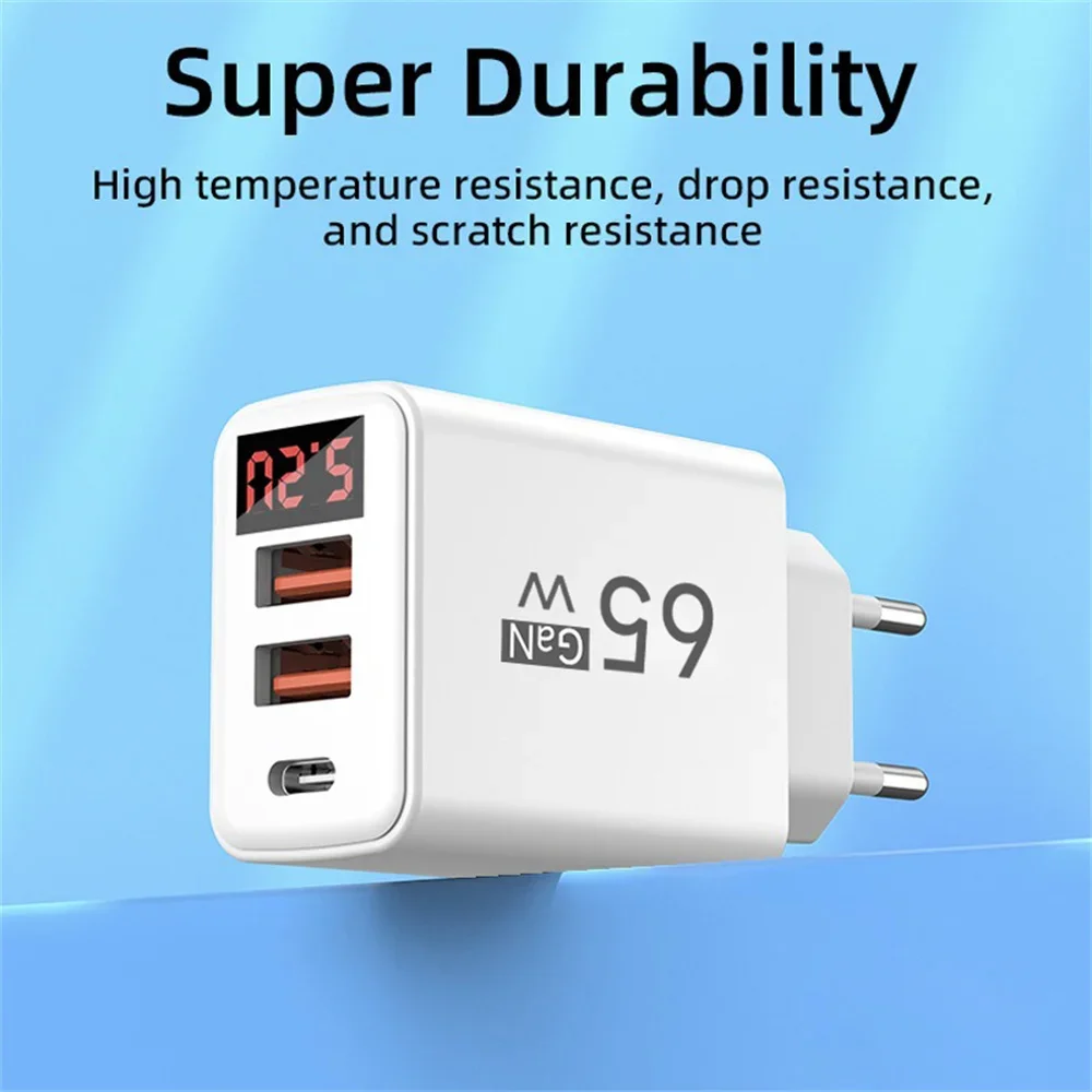 65W USB Type C Charger 3 Port Quick Charge Wall Adapter Lightweight Heat Resistant Safe Durable Universal EU US Plug Fast Charge