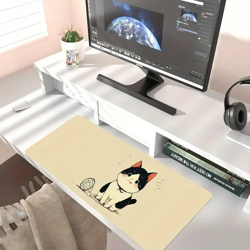 Cute Black and White Cat Gaming Desk Mat Extra Large Non-Slip Extended Mouse Pad for Office