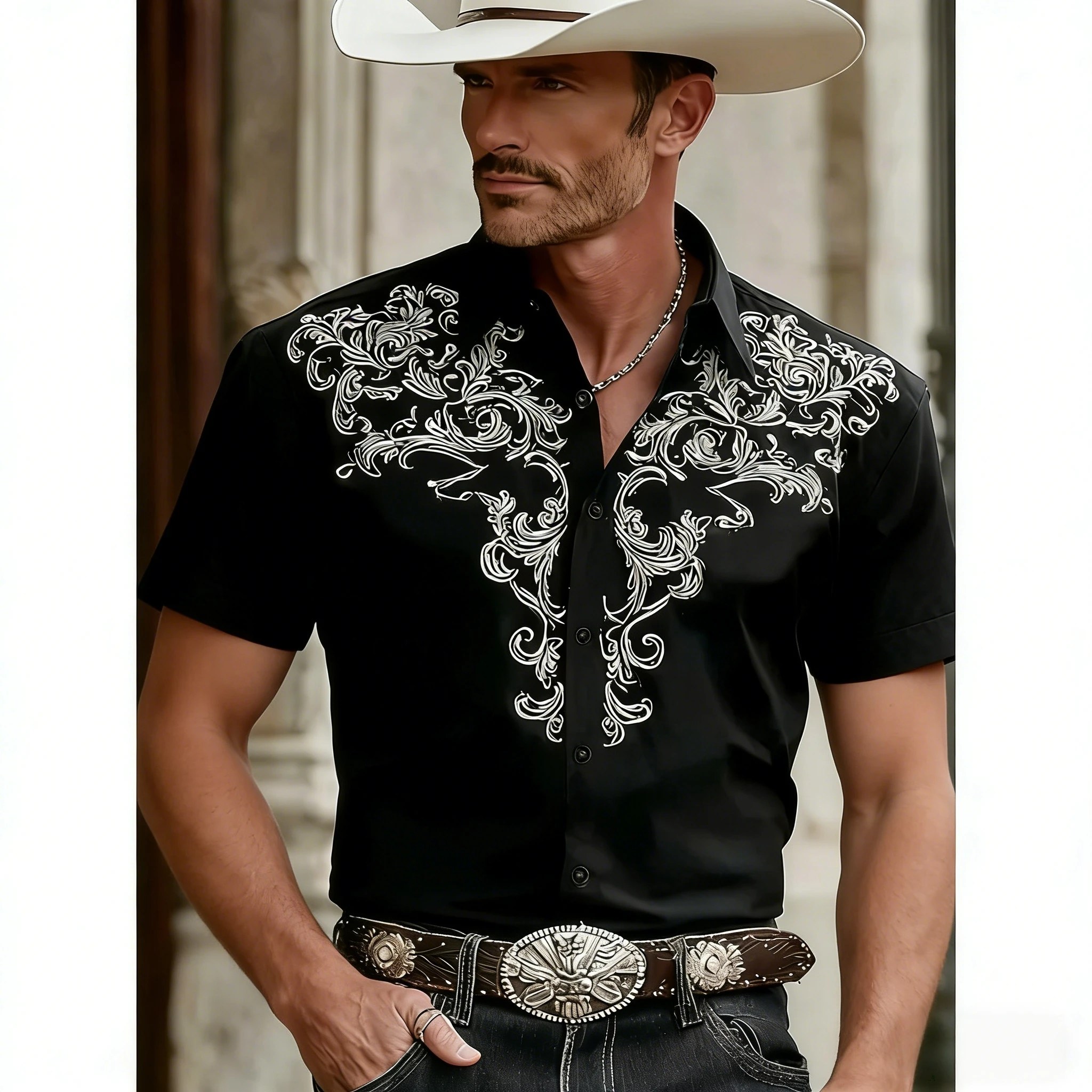 Men's Western Style Shirt Vintage Clothes Cowboy 3D Print Shirt Men Retro Style Men Lapel Shirt Fashion Short Sleeve Casual Tops