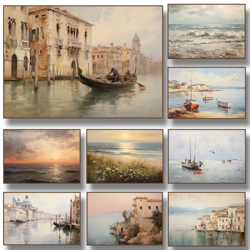 Venice Ocean Waves  Boats Coastal Walk Vintage Seaside canvas  Painting Neutral Cottage Sunrise poster Wall Art home decor