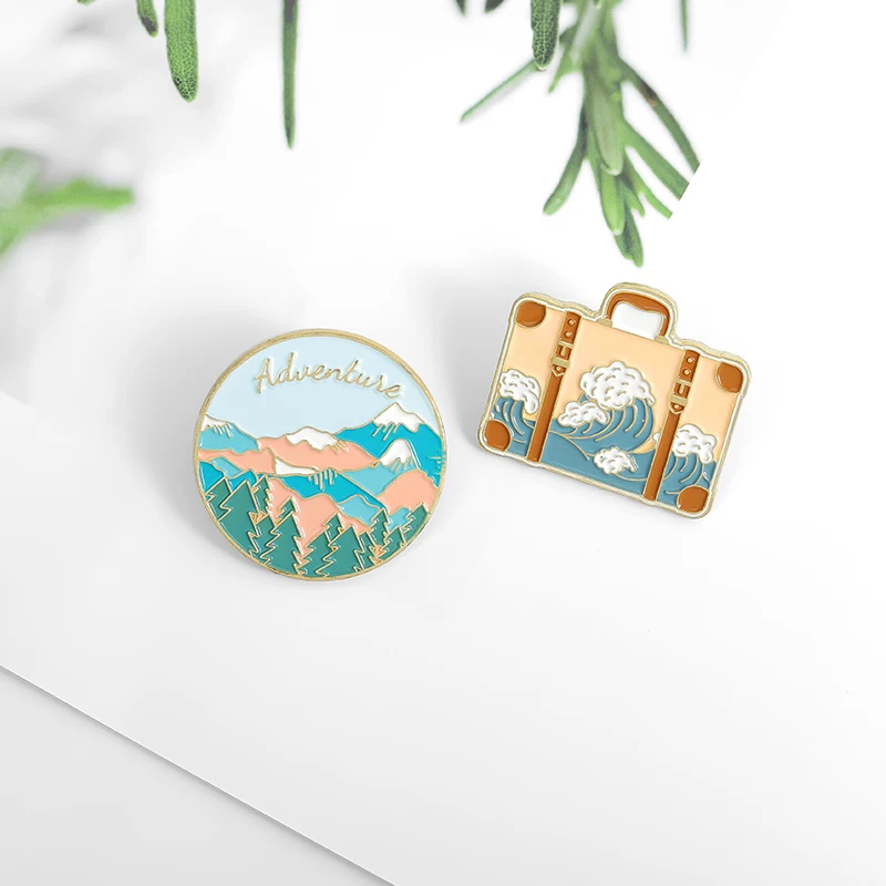 Travel Enamel Pin Adventure Tour Suitcase Journey Brooches Bag Lapel Pin Badges Mountains Oceans Wave Jewelry Gift for Friends