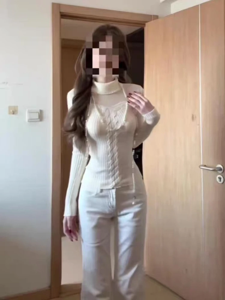 Pull en tricot ajouré à manches longues pour femme, Design coréen, élégant, superposé de Base, amincissant, vêtements à la mode, nouvelle collection automne hiver 2025