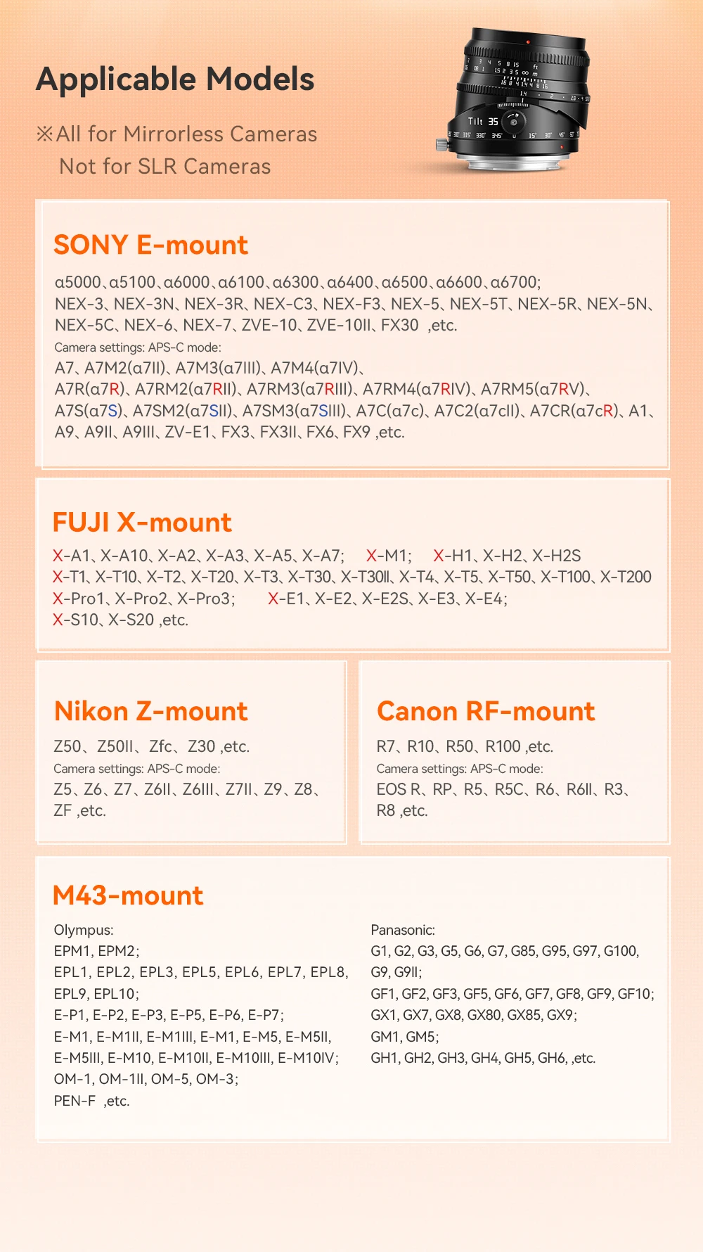 TTArtisan 35mm F1.4 APS-C Tilt-Objektiv mit Großer Blende für Sony E Nikon Z Fuji X M43 Canon R EOSR A6600 A7C XT50 XM5 R50 R6 Z6 Z7 ZF – Detail 2