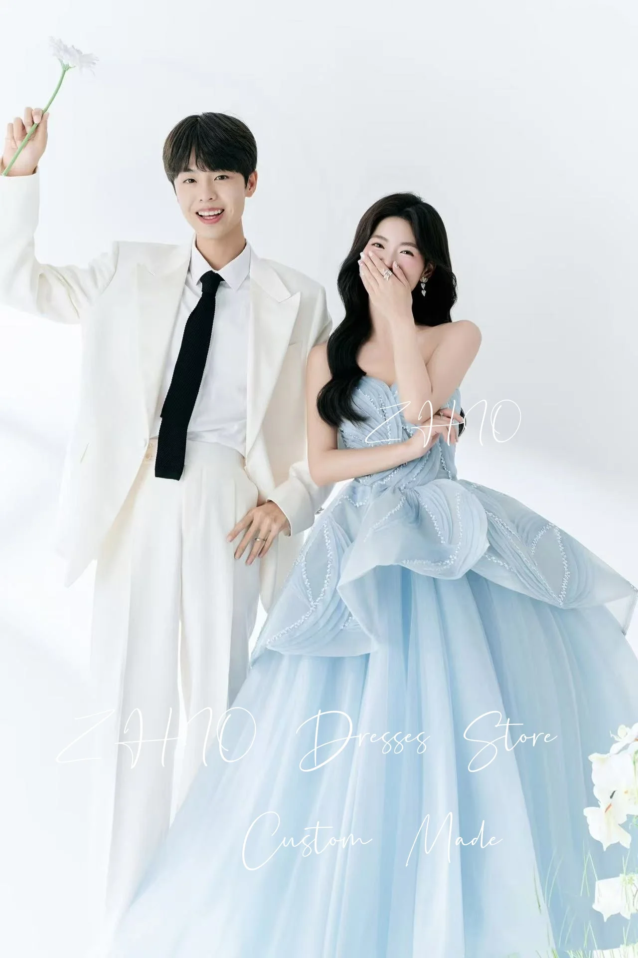 ZHIO Sweet Blue Wedding Dress Beading Strapless A-Line Tiered A-Line Tulle Korea Photo Shoot Bridal Gown Customized Elegant