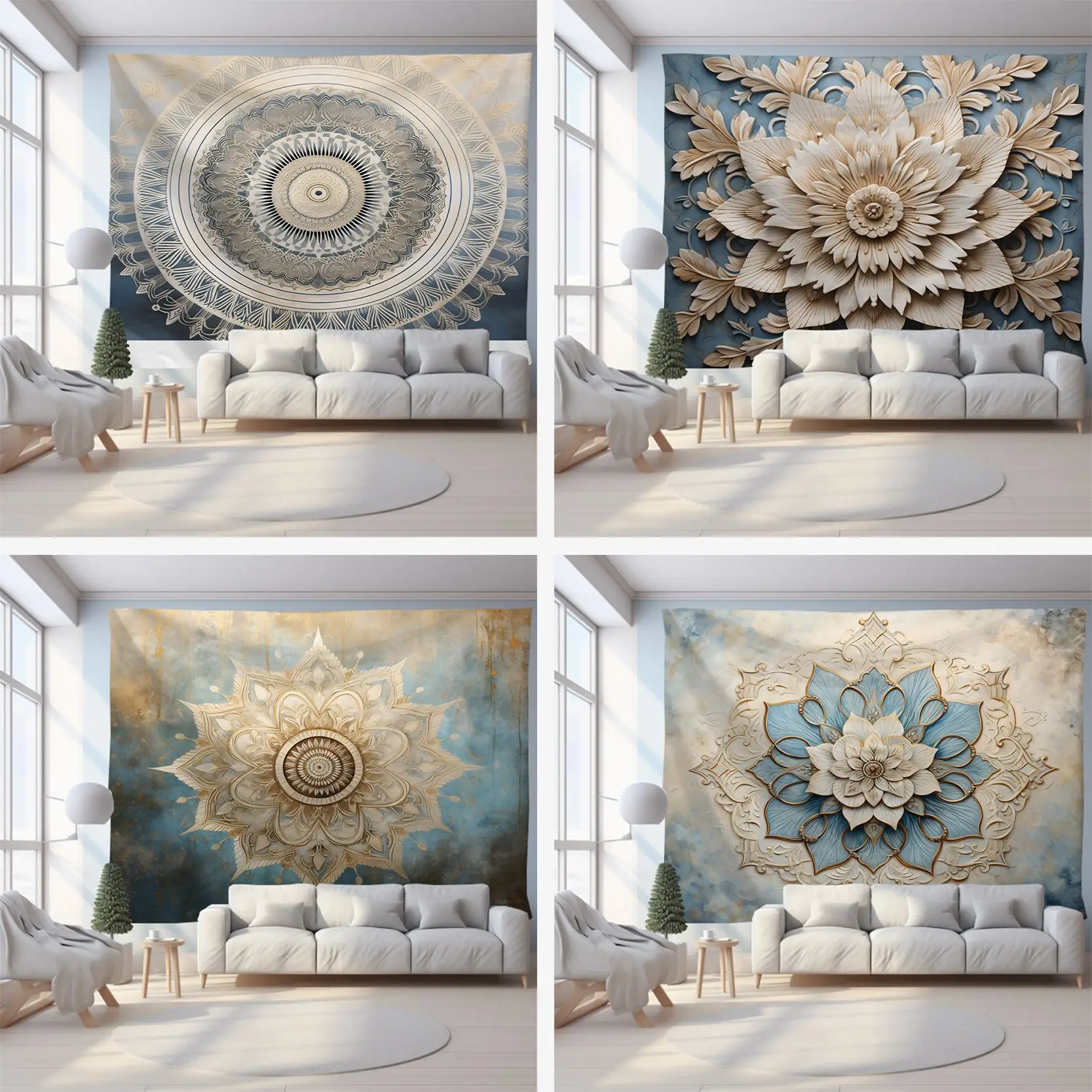 سلسلة Mie White Mandala المفروشات البوليستر المطبوعة الرقمية لغرف المعيشة وغرف النوم وديكور غرفة معلق على الحائط جمالي #2