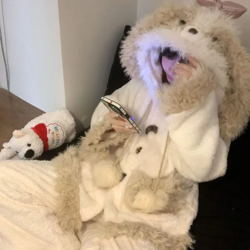 Women's New Popular Fleece Thickened Loungewear Set Can Be Worn Outside Underwear Hairy Cute Puppy Coral Fleece Winter Pajamas