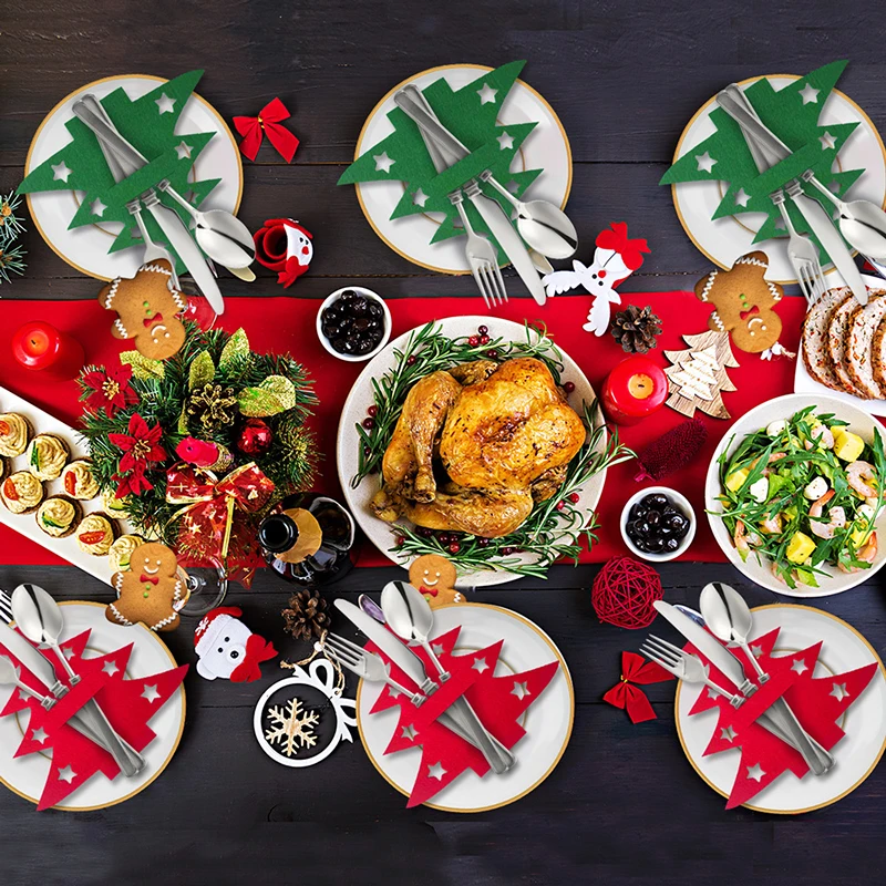12 pcs Christmas Decorations Felt Cloth Knife and Fork Set Party Mini Christmas Tree Fork Spoon Tableware Bag Fork Spoon Bag