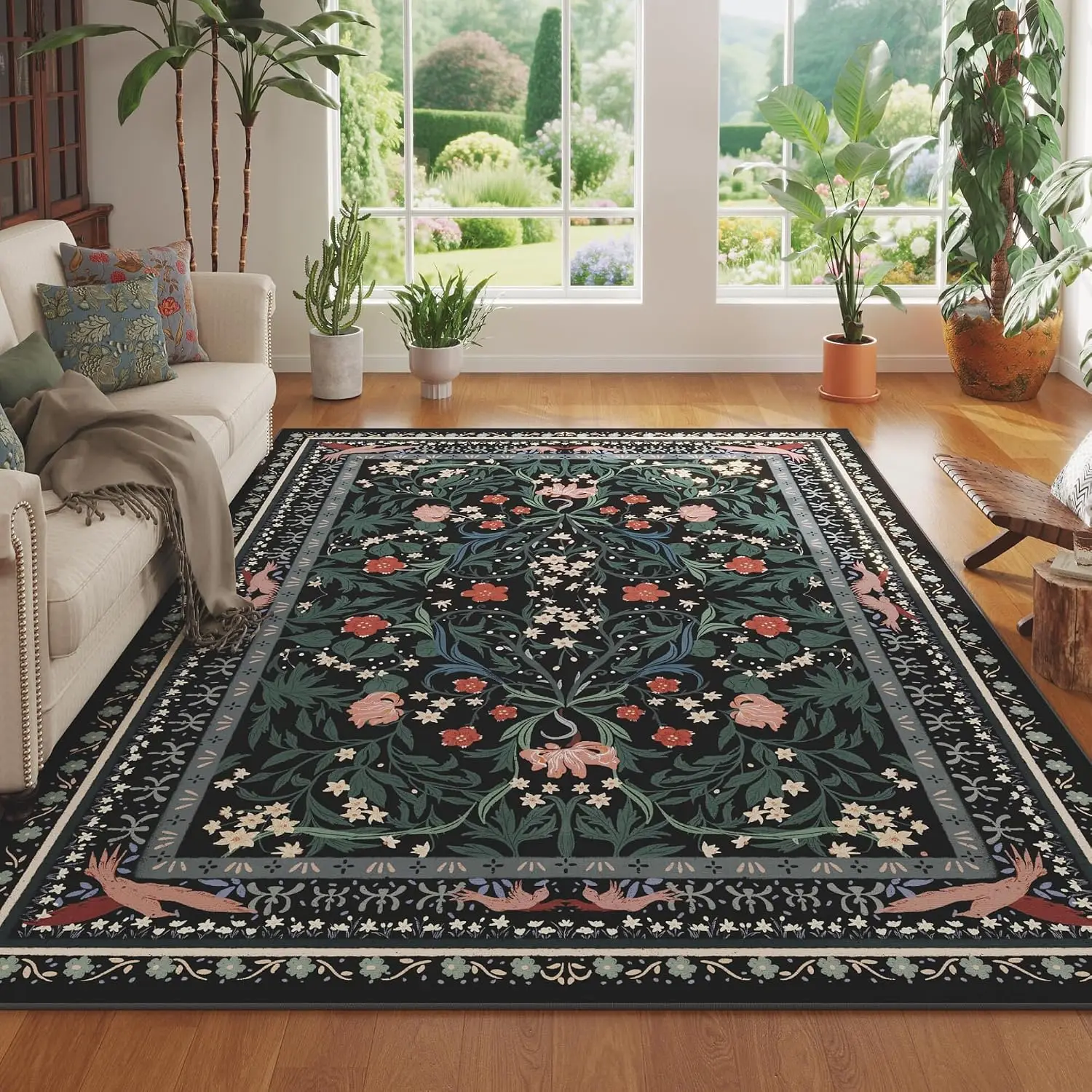 Botanical Floral Floor Mat Non Slip Large for Living Room Bedroom Farmhouse Dining Playroom Foyer Decorative Home Decor Area Rug