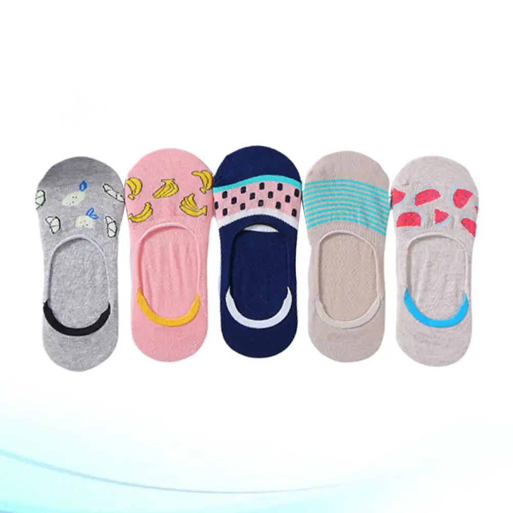 

5 Pairs Cotton Printing Boat Low Cut Boat Silicone No Invisible Socks Show Fruit Sweet Series Socks Comfortable Elastic