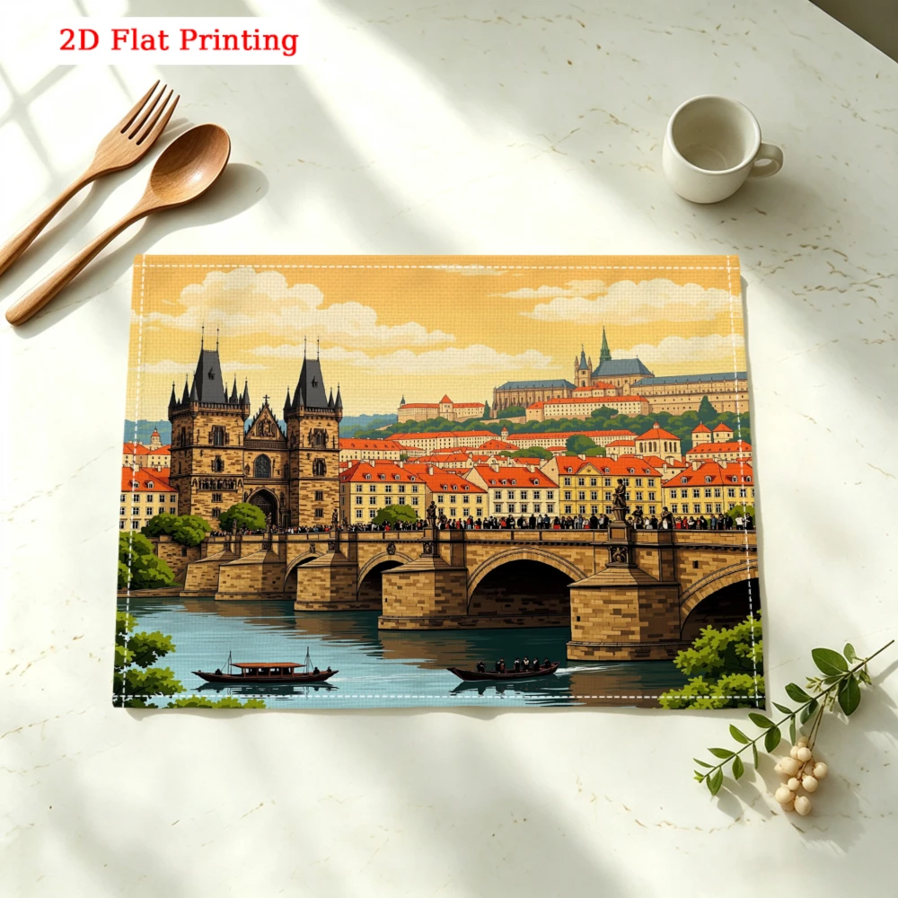 Prague Charles Bridge Cityscape Print Kitchen Placemat Coaster Linen Pad Dish Coffee Cup Table Mat 30x40cm Home Decor