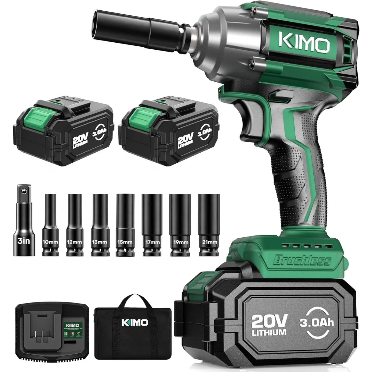 Impact Wrench 1/2 Cordless,550N.m/406ft-lbs Max Torque & 3000RPM, 2x20V 3.0Ah Battery, Impact Gun with 7 Drive Impact Sockets