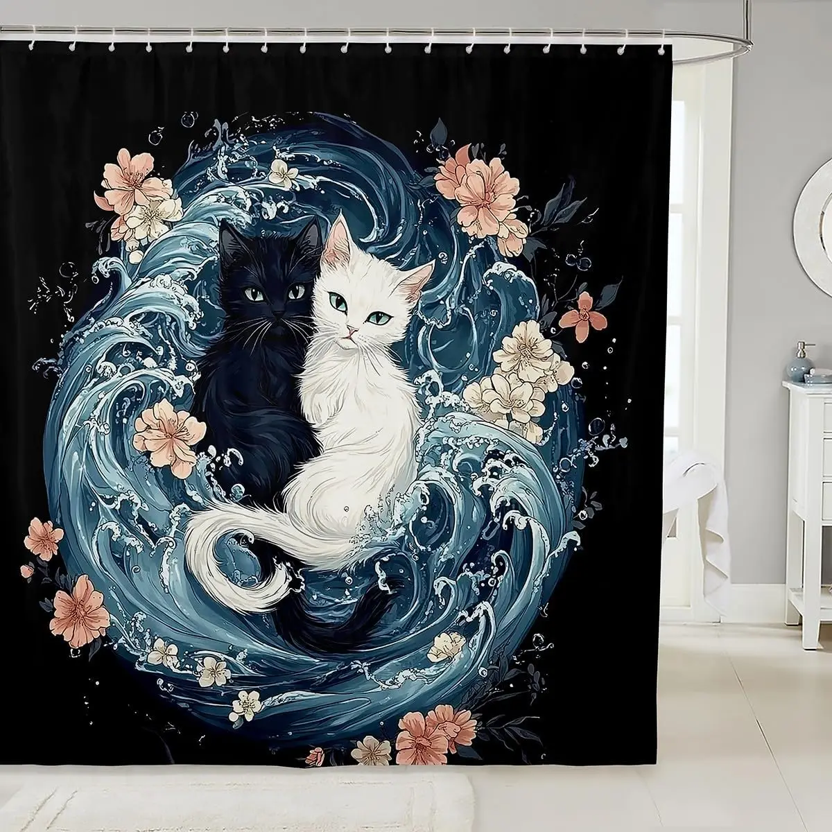 

Черно-белая занавеска для душа с изображением кота, японская занавеска для ванной комнаты Ukiyo-e Art, водонепроницаемая ткань для детей-подростков и взрослых с мультяшными животными, винтажная