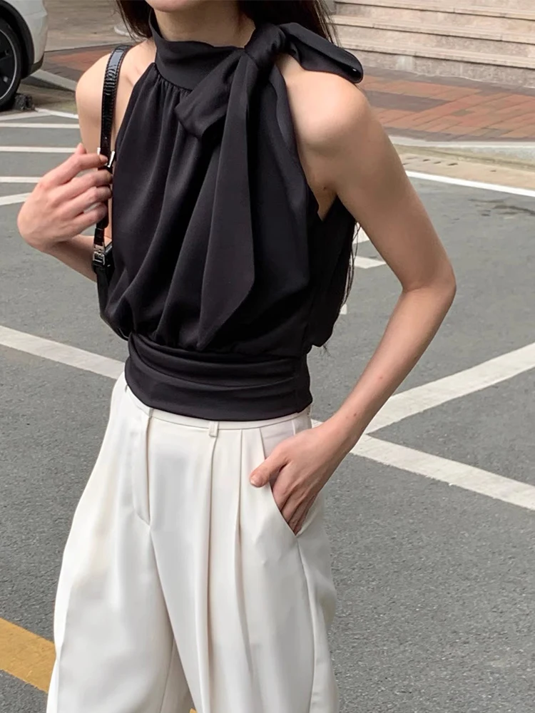 Chic Summer Design Colletto alla coreana Cravatta Drappeggio Nodo Versatile dimagrante Ne Gilet appeso irt Donna coreana Sle Loos...