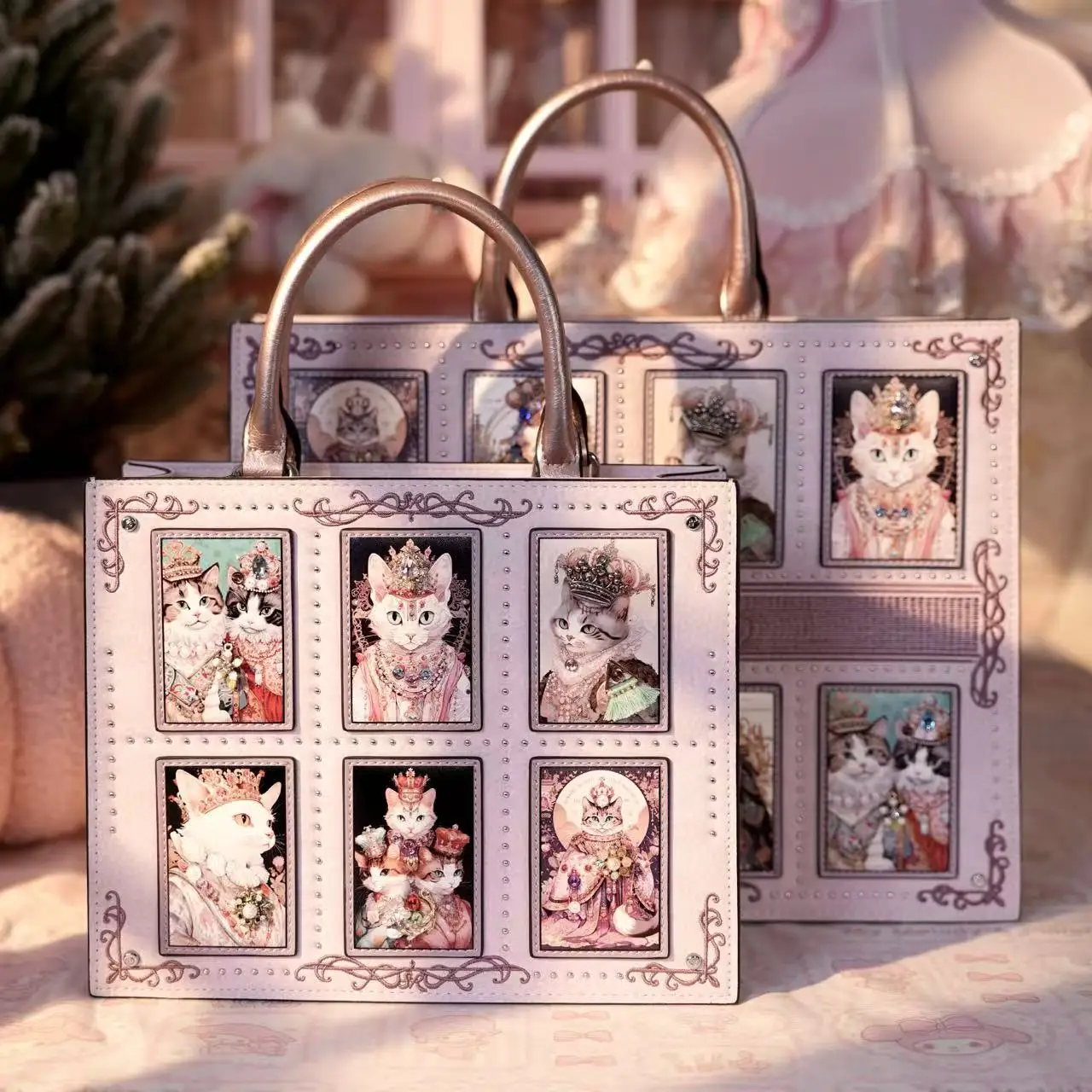 

SR Anthracene Original Design: Genuine Leather Diamond Set Women's Bag, Fashionable and Cute Cat Tote Bag, Light Luxury Single S