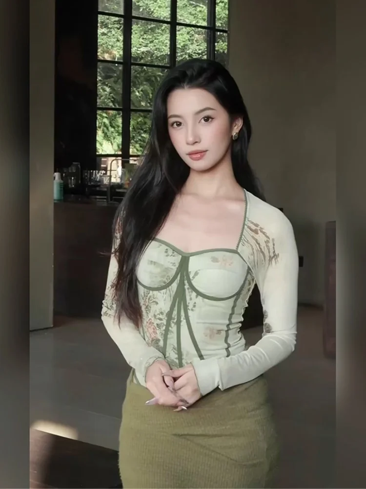 

XZY Vintage Square Collar Printed Knitted Skirt Set plus Size Women's Faion Spring Collection High Waist Bodycon Dr