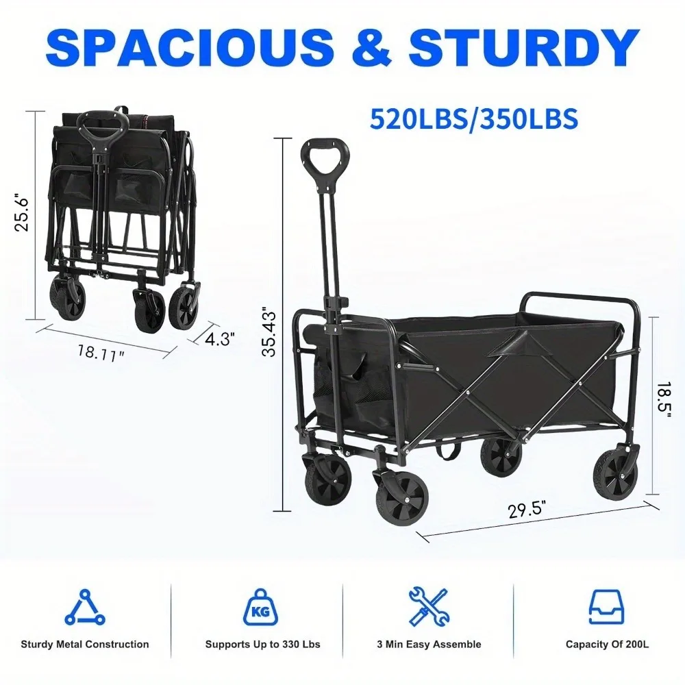 Multi-functional Practical Folding Hand Cart Heavy Duty Metal Frame Rolling Transport Trolley Large Load Bearing Multi Storage Multi-scene Utility Carrier Cart 3 Colors Red Blue Black For Commercial Warehouse Logistics Hauling Shopping Camping Outdoor