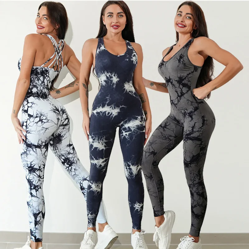Tie Dye Yoga Jumpsuits Women Fitness Gym Push Up Leggings Set Sports Bodysuits Sexy One Piece Seleeveless Romper Workout Clothes