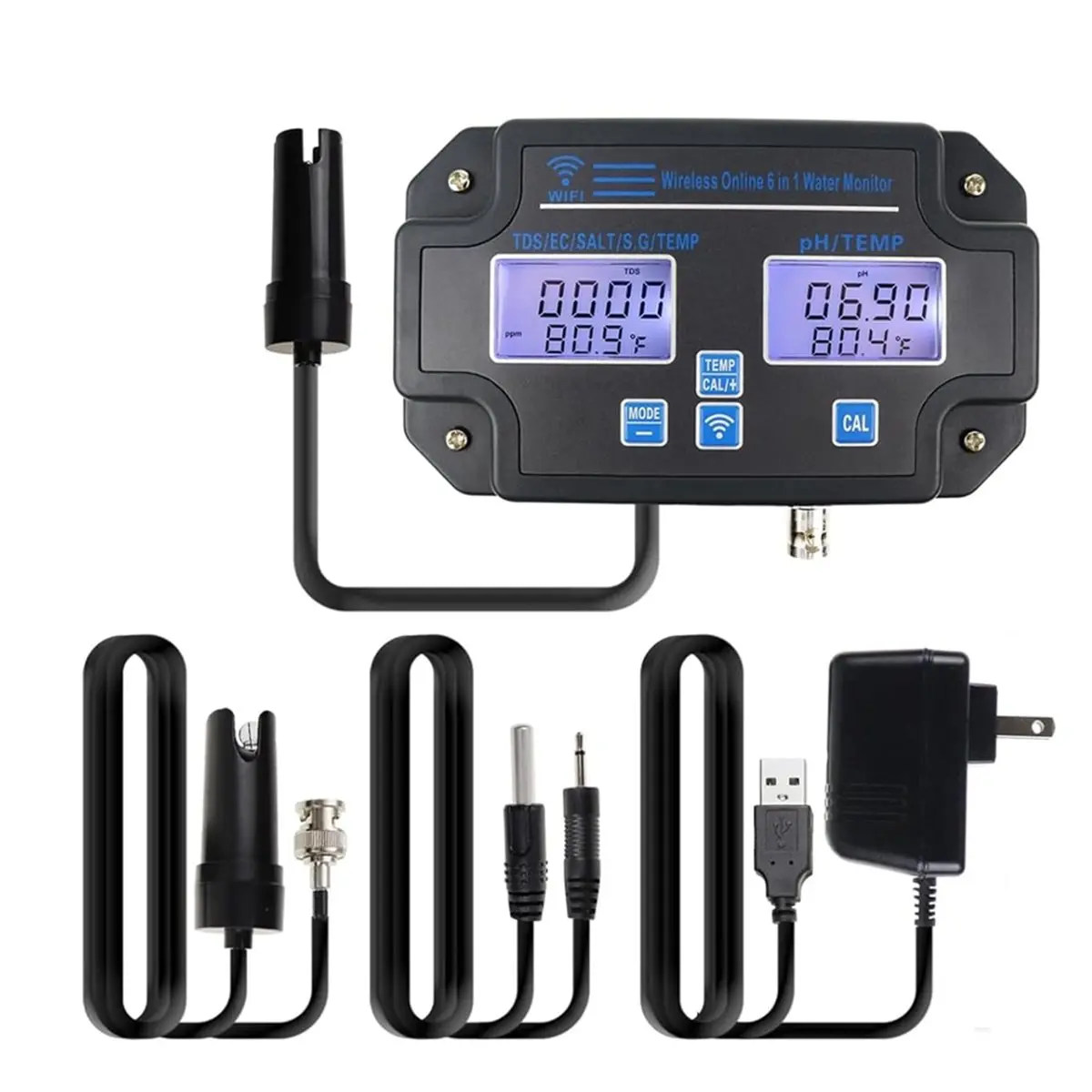 (ABLP) EC PH Monitor for Hydroponics, 6-In-1 Water Quality Tester with Wi-Fi, PH Meter Tester,Hydro Reservoir Tank US Plug