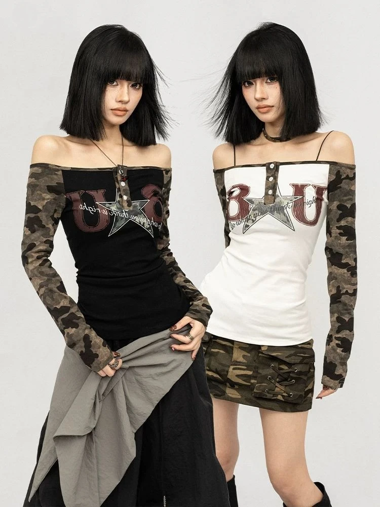 

HOUZHOU Vintage Camouflage Patchwork T-shirts Women Y2k Sexy Off-shoulder Tees Harajuku Spicy Girl Long Sleeve T-Shirts Street