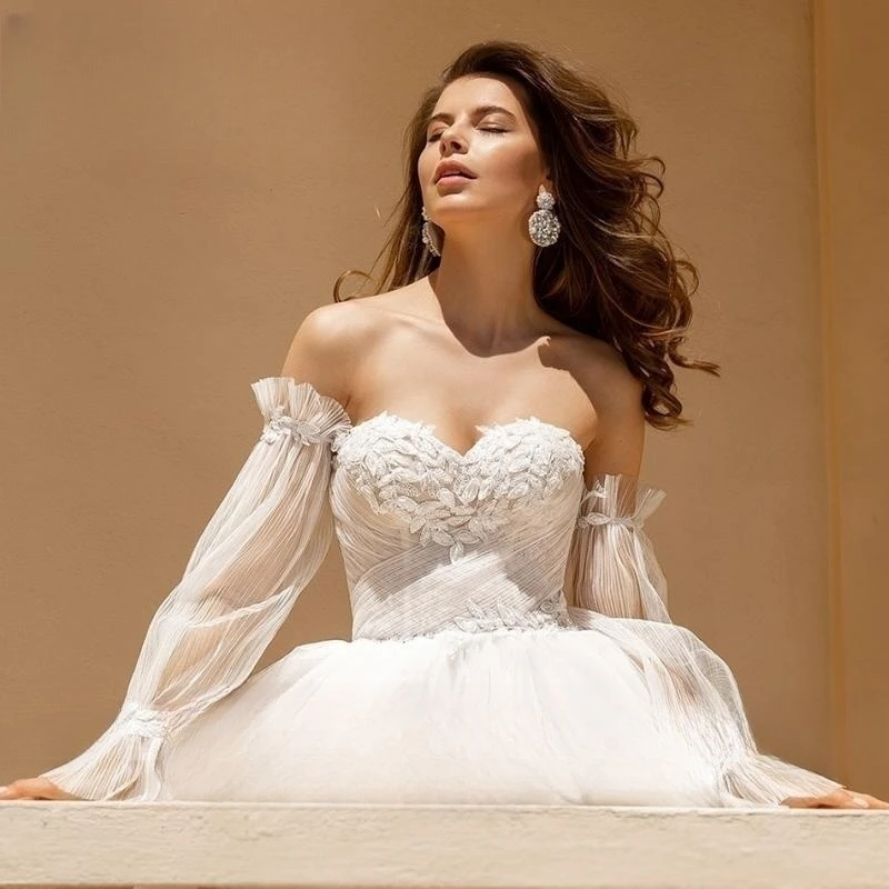 Abito da ballo abiti da sposa per le donne 2023 manica a sbuffo increspato Tulle perline Appliques abito da sposa in pizzo Sweetheart