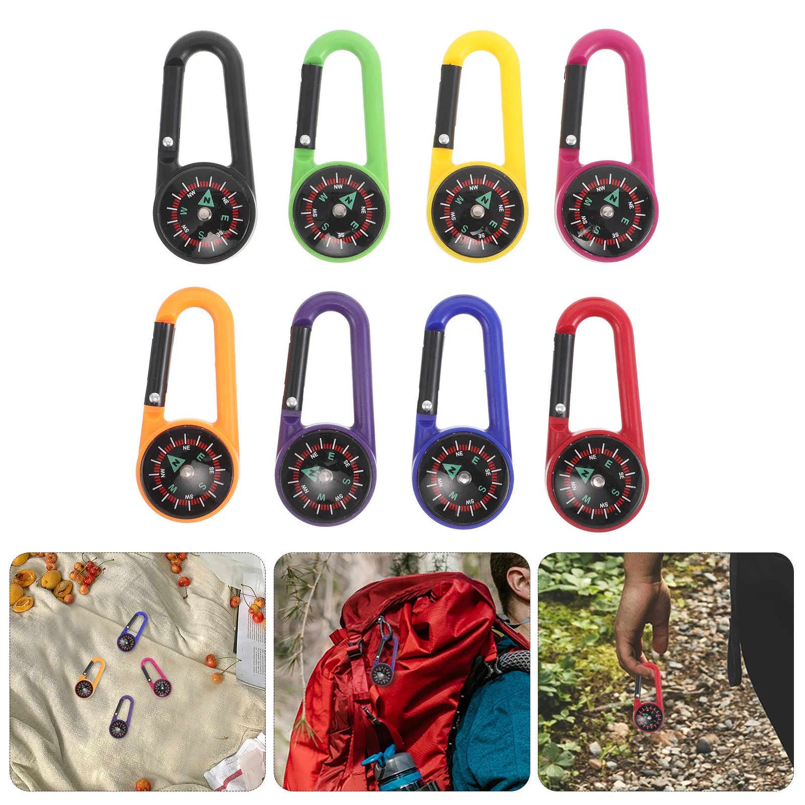 

8 Pcs Climbing Button Compass Metal Carabiner Camping Accessories Keychain Hiking Buckle Luggage Tag