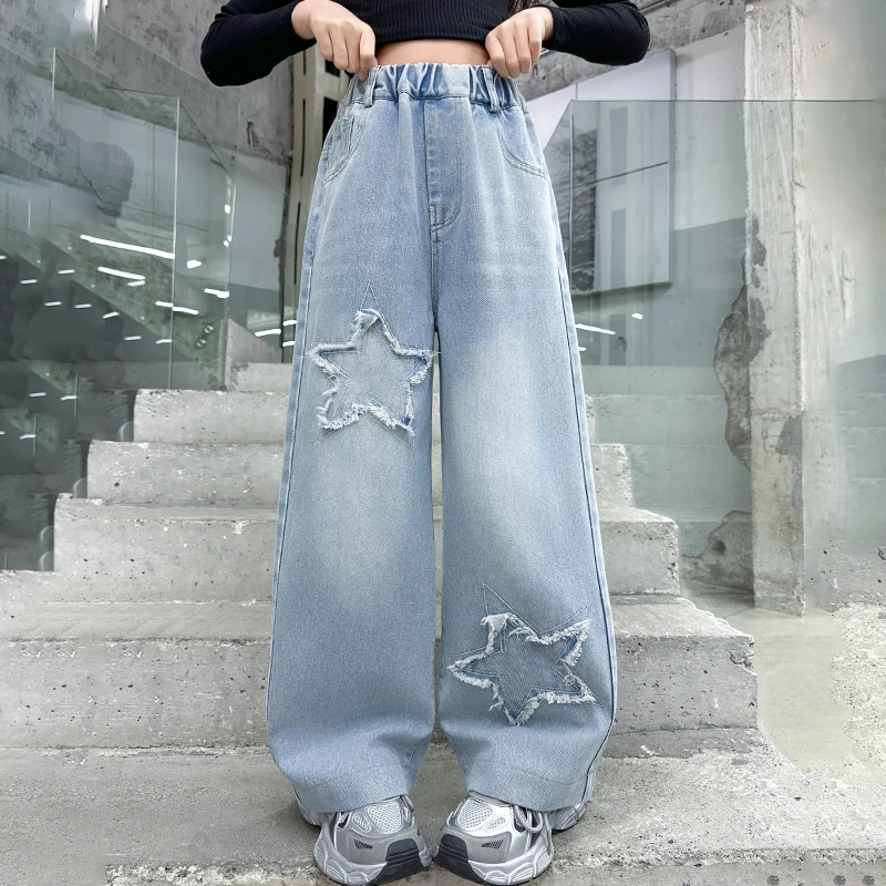 Jeans Baggy Fille Taille Haute Avec Nœud - Pantalon Large En Denim Tendance Pour Enfants 10-14 Ans