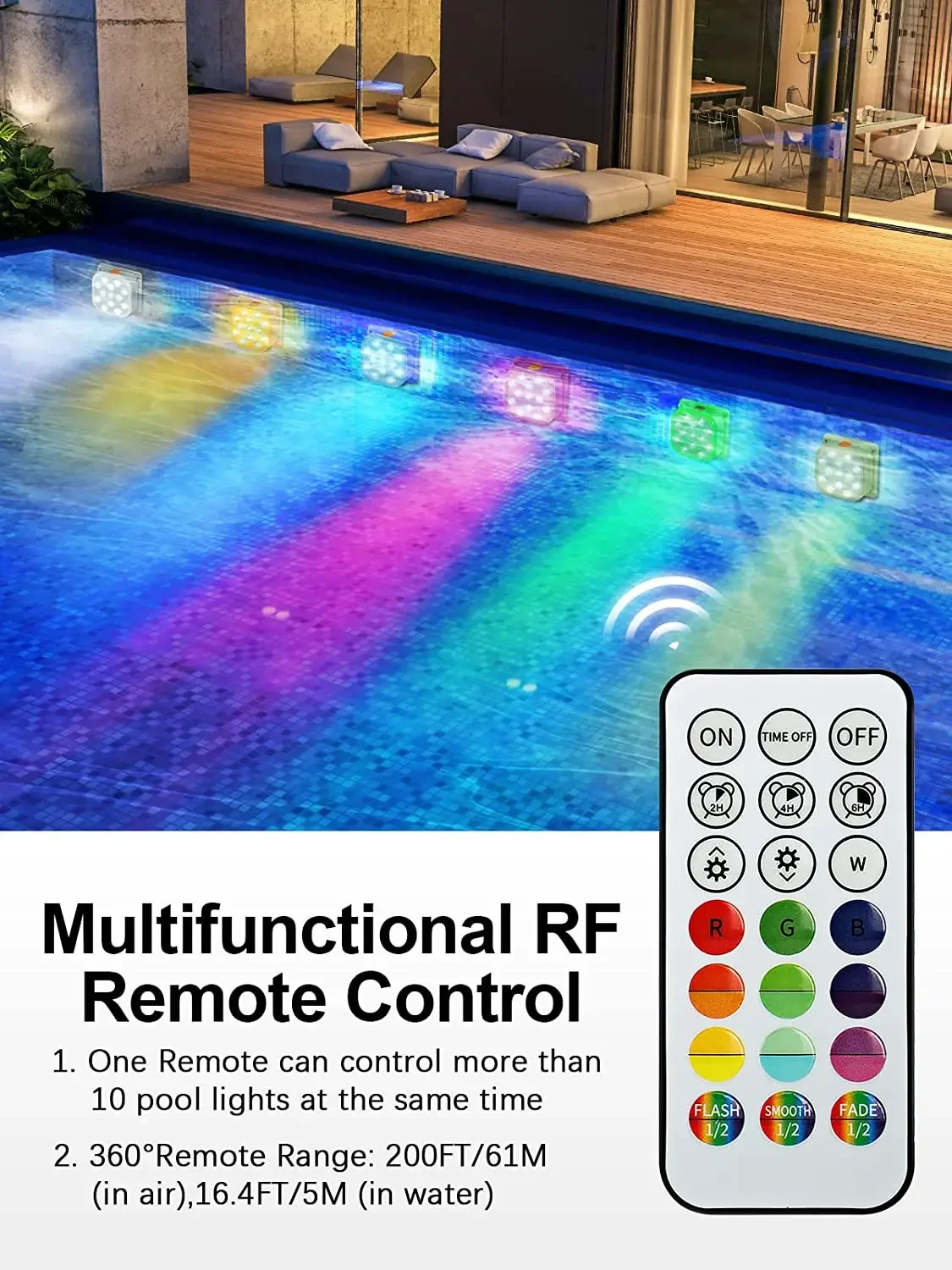 Luzes LED subaquáticas com controle remoto, luzes submersíveis para piscina, luz recarregável para piscina com temporizador, mudança de cor, 200 pés