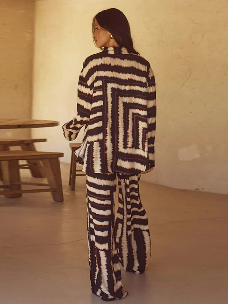 Fashion Stripe Long Pants Set For Women Lapel Single Breasted Shirt Wide Leg High Waist Pant 2 Pieces Sets Lady Chic Street Suit - Image 2