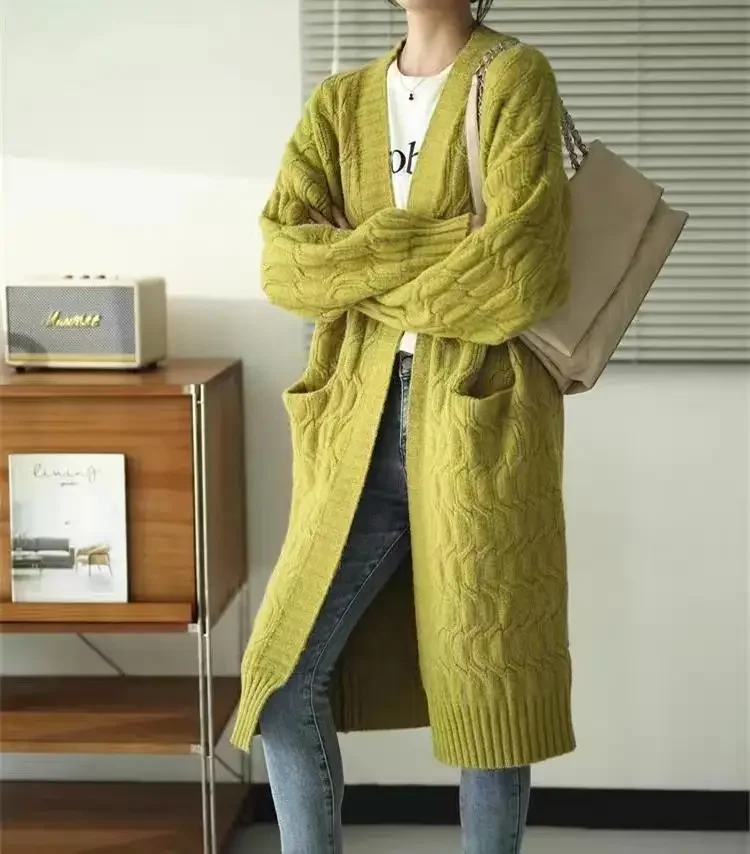 

Autumn Winter Japanese Style Retro Knitwear Ladies Large Oversized Soft Sweater Coat V-Neck Full Sleeve Mid-Length Loose Fit